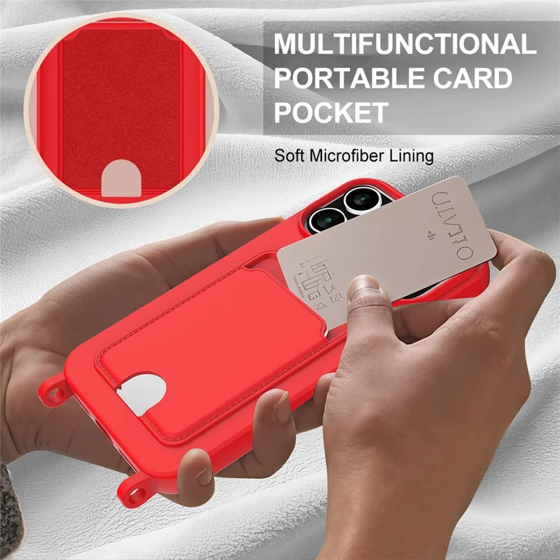 For iPhone 17 Pro Max Case Liquid Silicone Card Holder Phone Back Cover with Wrist Strap - Red