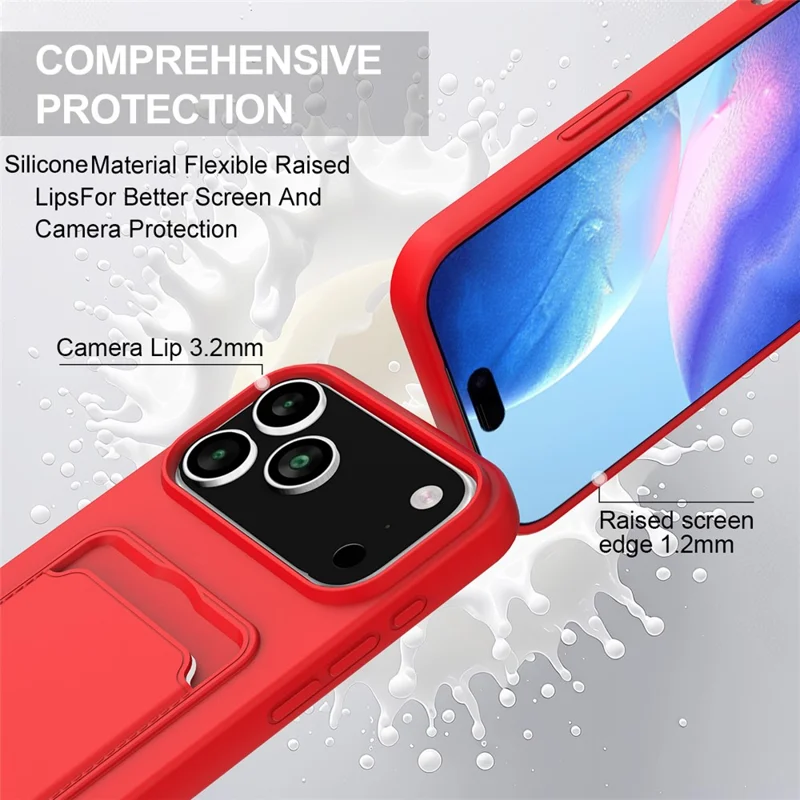 For iPhone 17 Pro Max Case Liquid Silicone Card Holder Phone Back Cover with Wrist Strap - Red