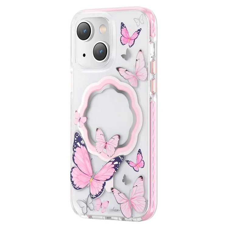 Kingxbar Butterfly Series IML Phone Case Para Iphone 14 Compatível Com MagSafe, Grade Militar de Grau Militar Testado PET+TPU Anti-amarelo Capa - Borboletas Rosa