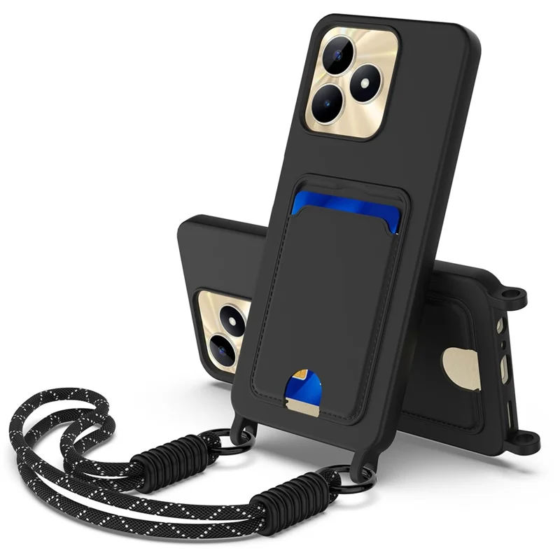 Liquid Silicone Case For Realme Narzo N53 4G  /  C53 (Global)  /  (India)  /  C51  /  Note 50 4G Card Holder Phone Back Cover with Short Strap - Black
