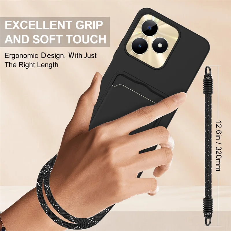 Liquid Silicone Case For Realme Narzo N53 4G  /  C53 (Global)  /  (India)  /  C51  /  Note 50 4G Card Holder Phone Back Cover with Short Strap - Black