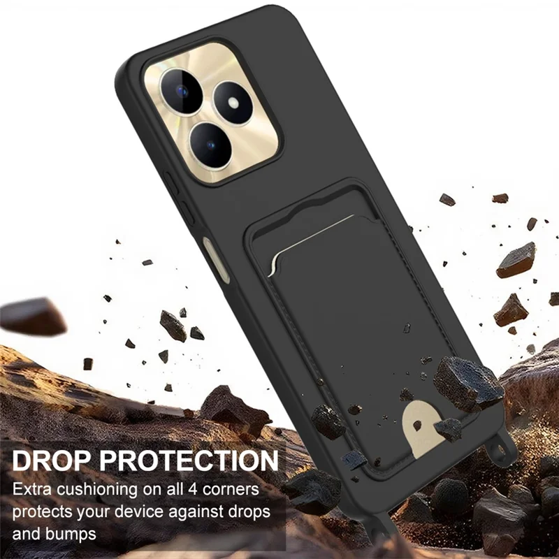 Liquid Silicone Case For Realme Narzo N53 4G  /  C53 (Global)  /  (India)  /  C51  /  Note 50 4G Card Holder Phone Back Cover with Short Strap - Black