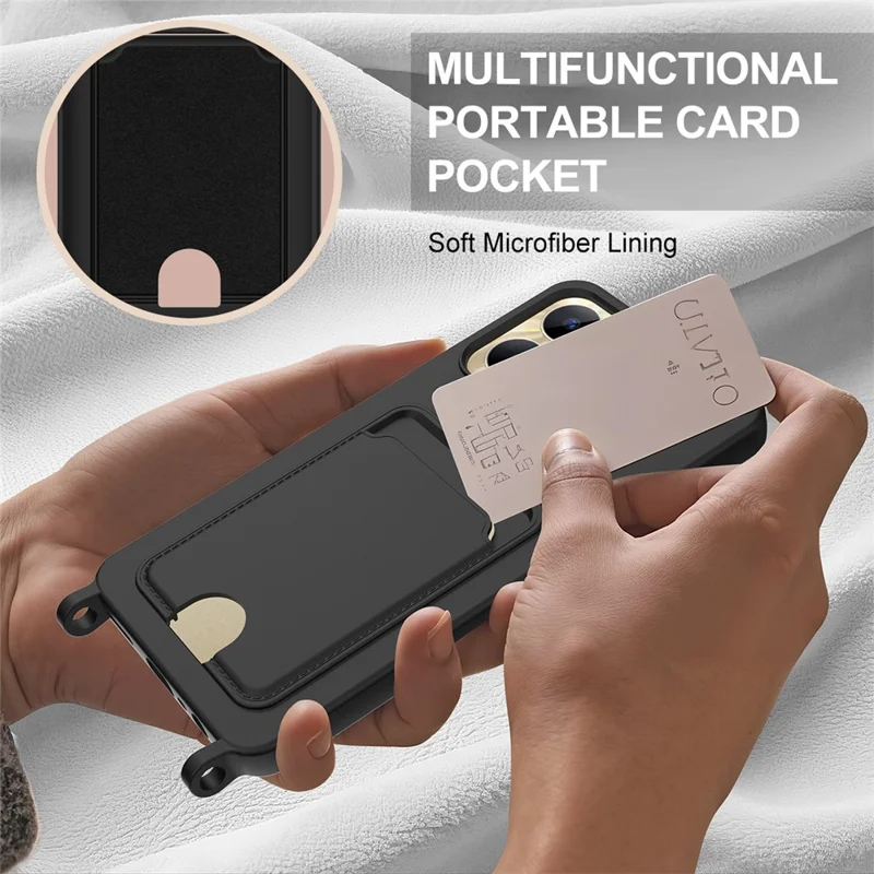 Liquid Silicone Case For Realme Narzo N53 4G  /  C53 (Global)  /  (India)  /  C51  /  Note 50 4G Card Holder Phone Back Cover with Short Strap - Black