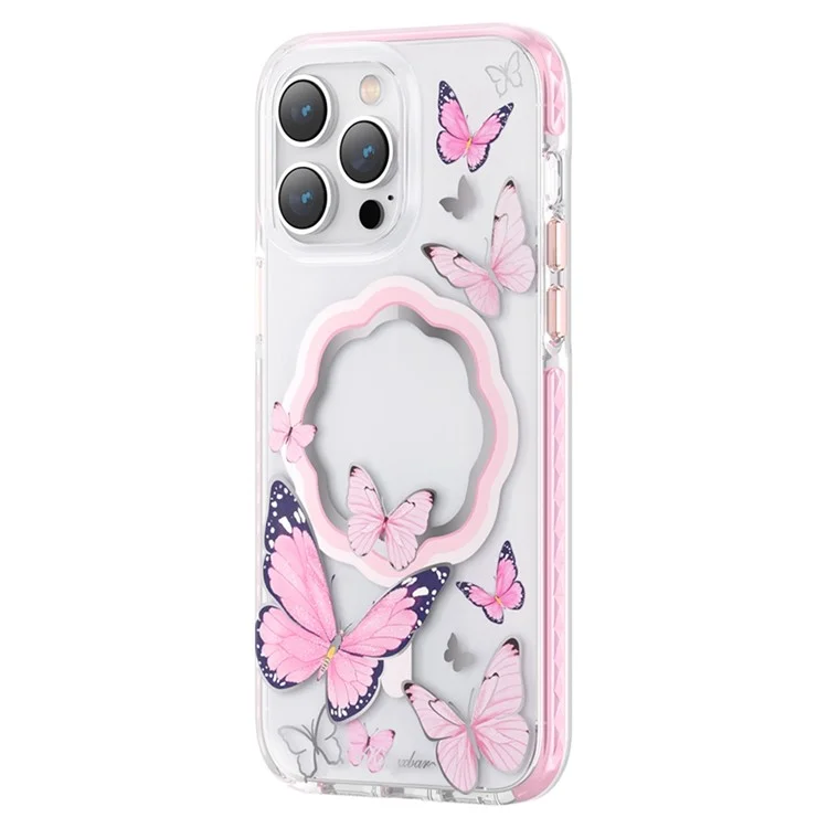 Kingxbar Butterfly Series Magnetic Telefone Case Para Iphone 14 Pro Compatível Com MagSafe, PET+TPU Proteção à Prova de Choque IML Capa - Borboletas Rosa