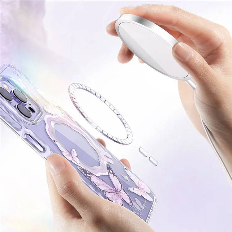 Kingxbar Butterfly Series Magnetic Telefone Case Para Iphone 14 Pro Compatível Com MagSafe, PET+TPU Proteção à Prova de Choque IML Capa - Borboletas Rosa
