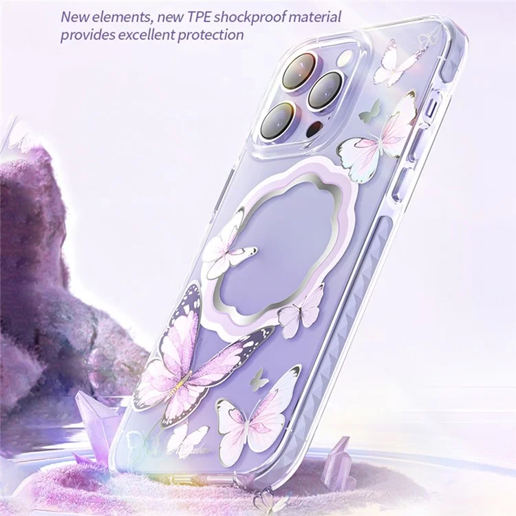 Kingxbar Butterfly Series Magnetic Telefone Case Para Iphone 14 Pro Compatível Com MagSafe, PET+TPU Proteção à Prova de Choque IML Capa - Borboletas Rosa