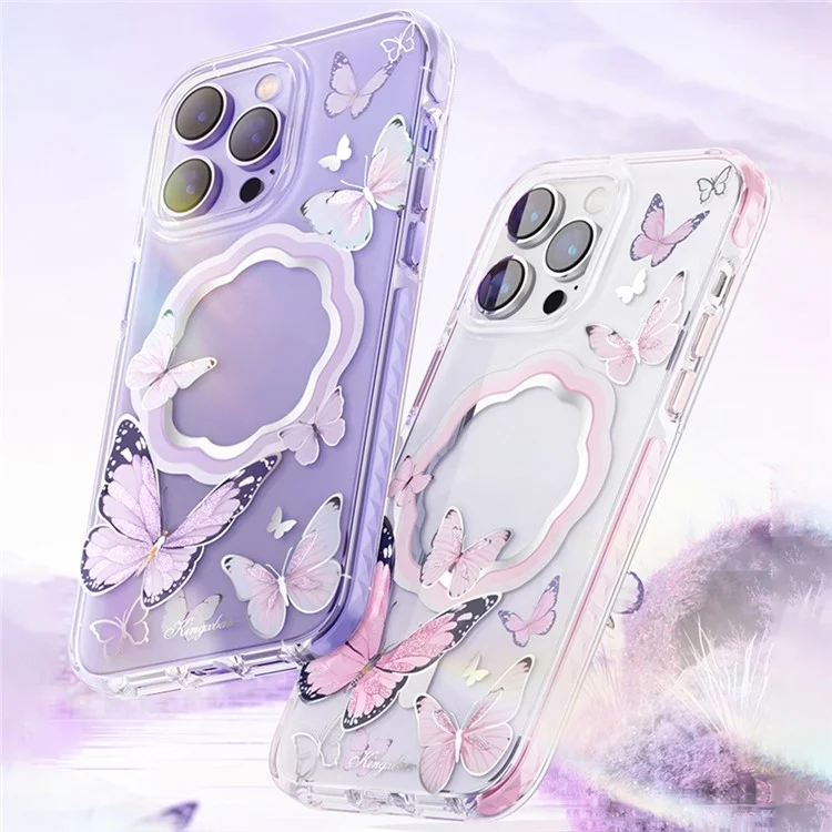 Kingxbar Butterfly Series Magnetic Telefone Case Para Iphone 14 Pro Compatível Com MagSafe, PET+TPU Proteção à Prova de Choque IML Capa - Borboletas Rosa