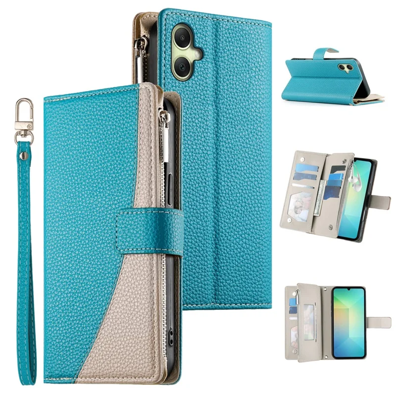 For Samsung Galaxy A07 5G / A07 4G Case Zipper Wallet Color Splicing Leather Flip Phone Cover with Straps - Lake Blue
