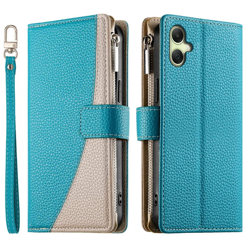 For Samsung Galaxy A07 5G / A07 4G Case Zipper Wallet Color Splicing Leather Flip Phone Cover with Straps - Lake Blue