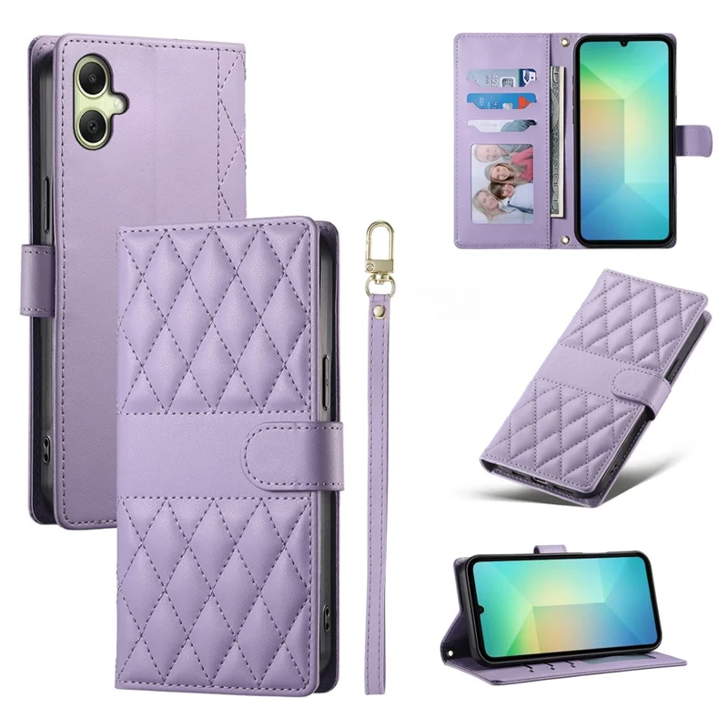 For Samsung Galaxy A07 5G / A07 4G Case Rhombus Stitching Wallet Stand Leather Phone Cover with Long  /  Short Strap - Purple
