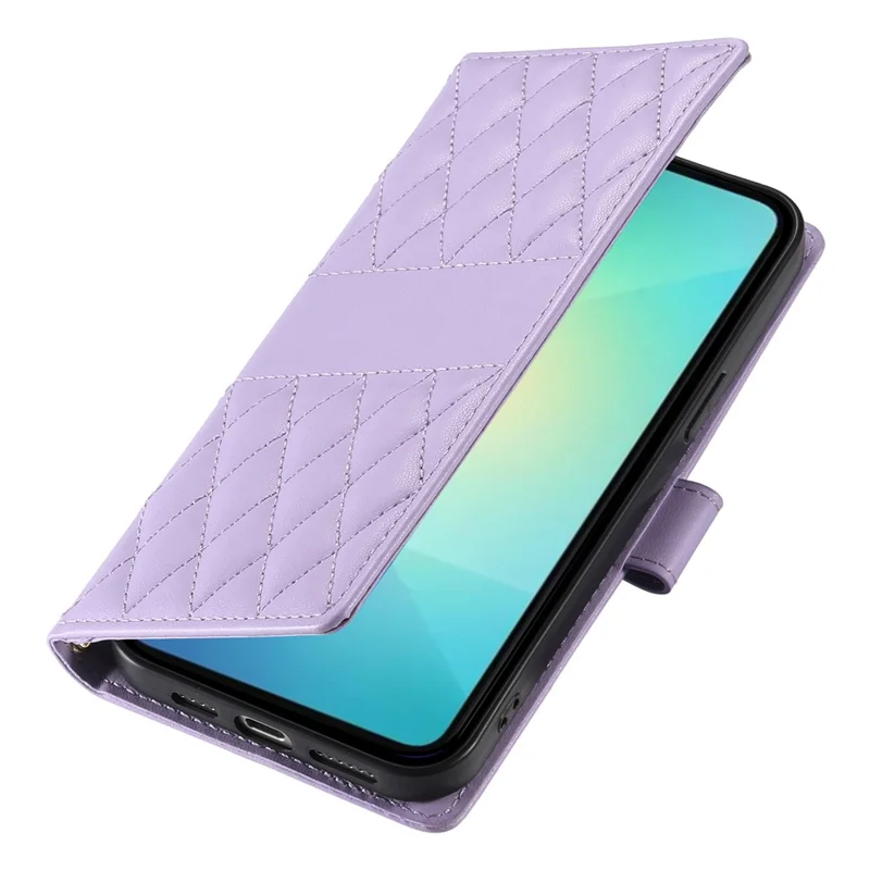 For Samsung Galaxy A07 5G / A07 4G Case Rhombus Stitching Wallet Stand Leather Phone Cover with Long  /  Short Strap - Purple