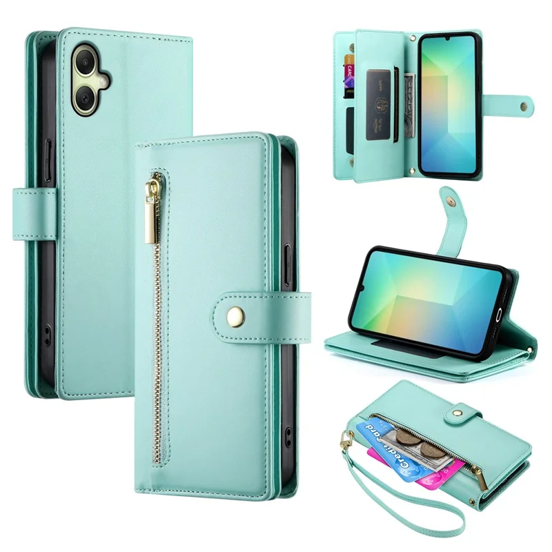 For Samsung Galaxy A07 4G Case Zipper Pocket Wallet Leather Phone Cover with Straps - Mint Green