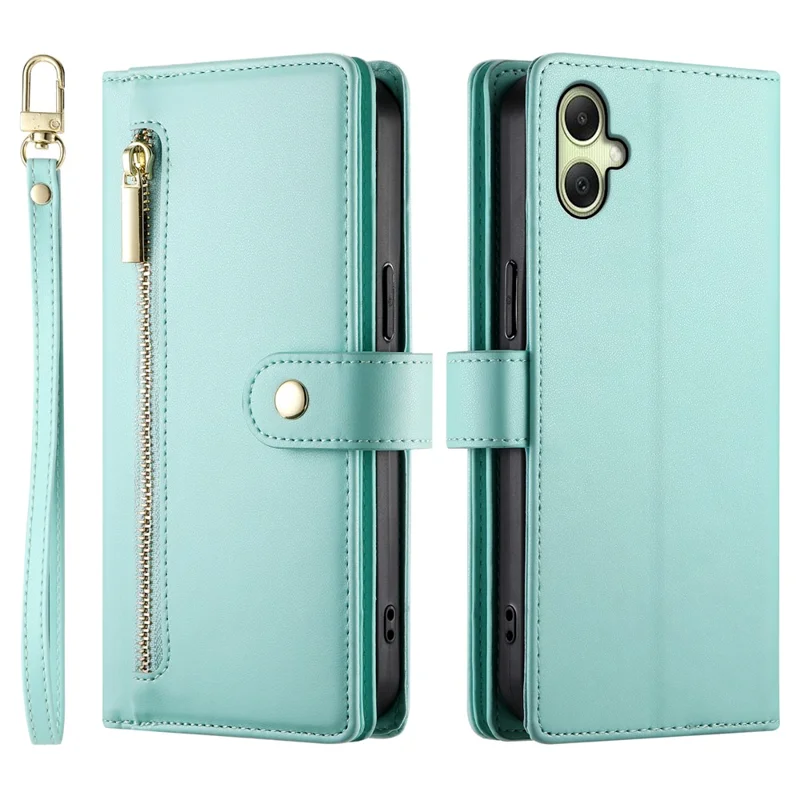 For Samsung Galaxy A07 4G Case Zipper Pocket Wallet Leather Phone Cover with Straps - Mint Green
