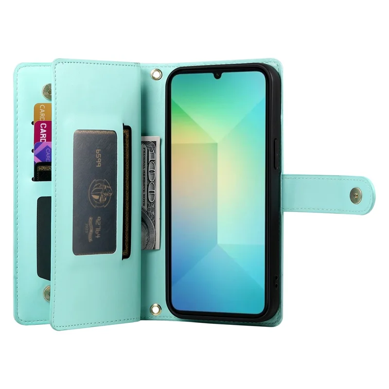 For Samsung Galaxy A07 4G Case Zipper Pocket Wallet Leather Phone Cover with Straps - Mint Green