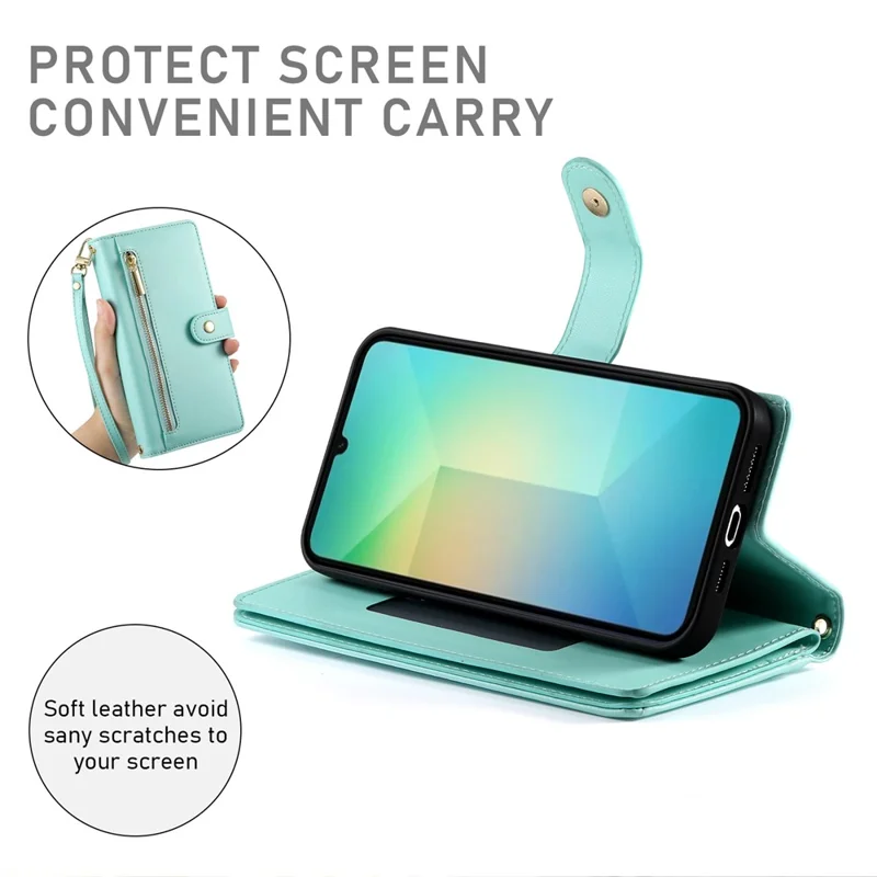 For Samsung Galaxy A07 4G Case Zipper Pocket Wallet Leather Phone Cover with Straps - Mint Green