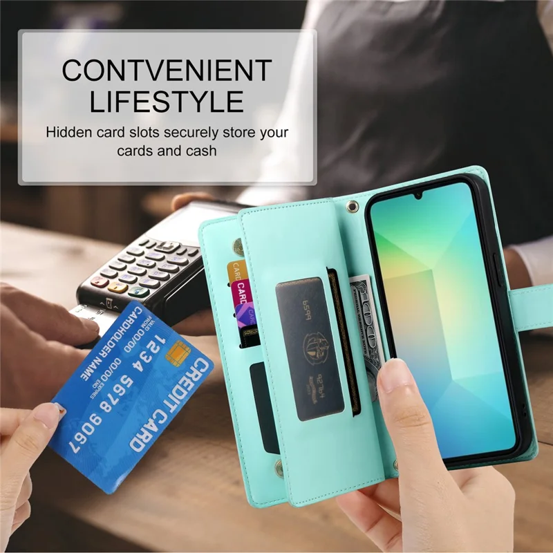 For Samsung Galaxy A07 4G Case Zipper Pocket Wallet Leather Phone Cover with Straps - Mint Green