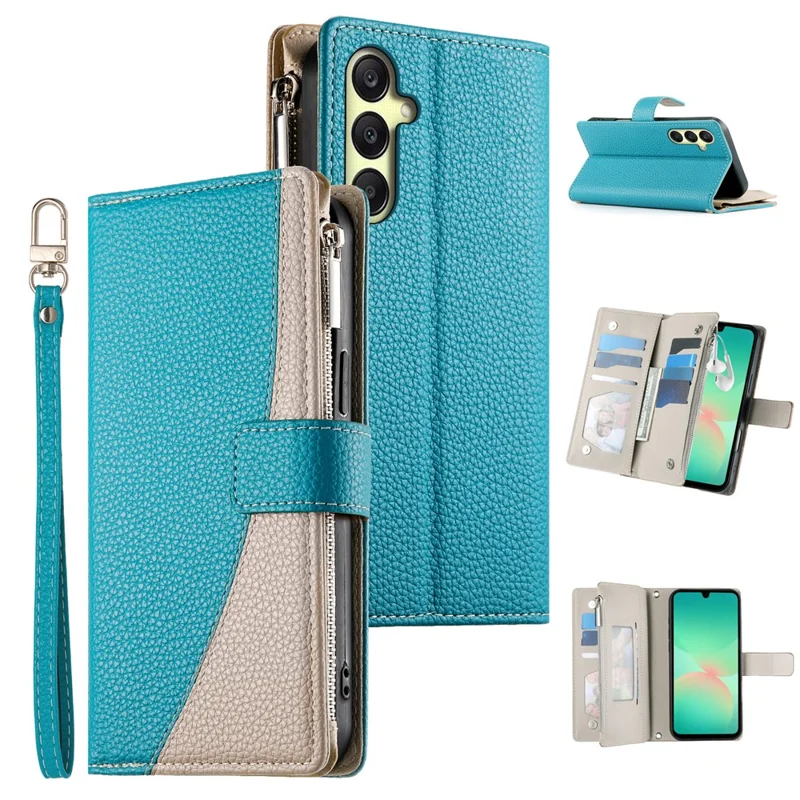 For Samsung Galaxy A17 5G Case Zipper Wallet Color Splicing Leather Flip Phone Cover with Straps - Lake Blue