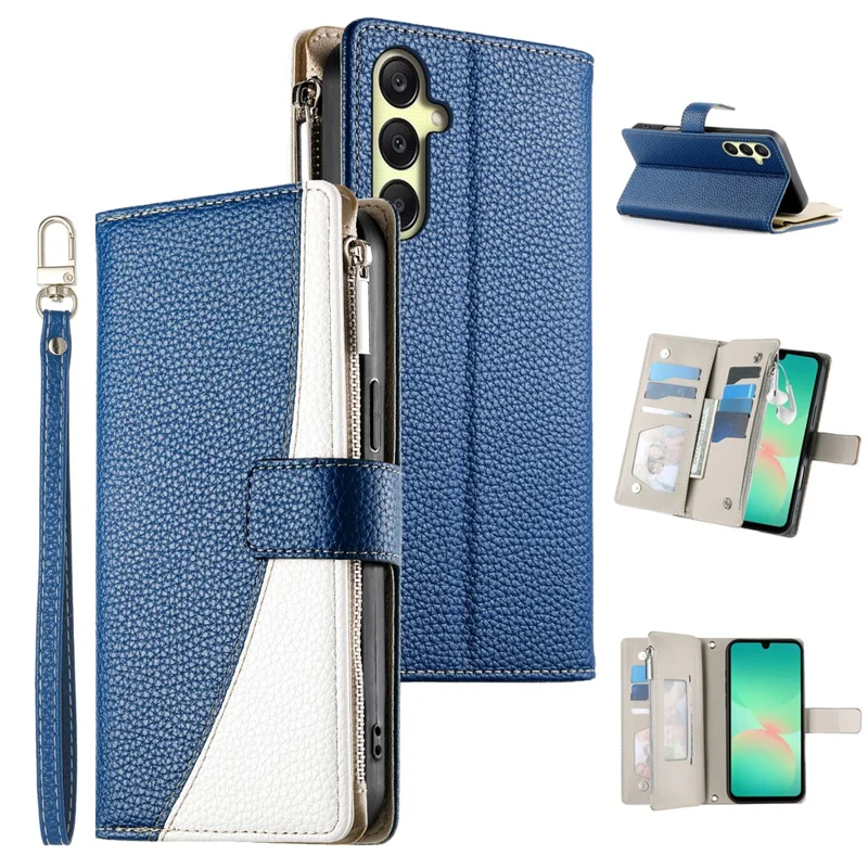 For Samsung Galaxy A17 5G / A17 4G / A26 5G Case Zipper Wallet Color Splicing Leather Flip Phone Cover with Straps - Dark Blue