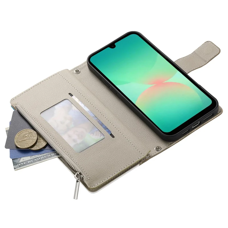 For Samsung Galaxy A17 5G / A17 4G / A26 5G Case Zipper Wallet Color Splicing Leather Flip Phone Cover with Straps - Dark Blue