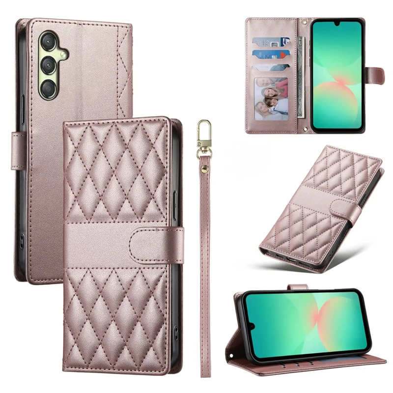 For Samsung Galaxy A17 5G Case Rhombus Stitching Wallet Stand Leather Phone Cover with Long  /  Short Strap - Rose Gold