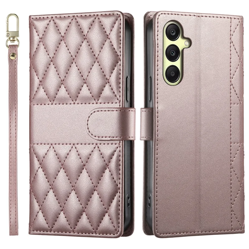 For Samsung Galaxy A17 5G Case Rhombus Stitching Wallet Stand Leather Phone Cover with Long  /  Short Strap - Rose Gold
