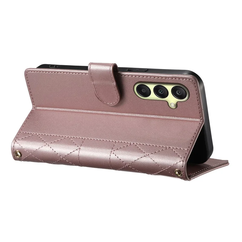 For Samsung Galaxy A17 5G Case Rhombus Stitching Wallet Stand Leather Phone Cover with Long  /  Short Strap - Rose Gold