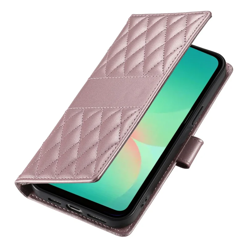 For Samsung Galaxy A17 5G Case Rhombus Stitching Wallet Stand Leather Phone Cover with Long  /  Short Strap - Rose Gold