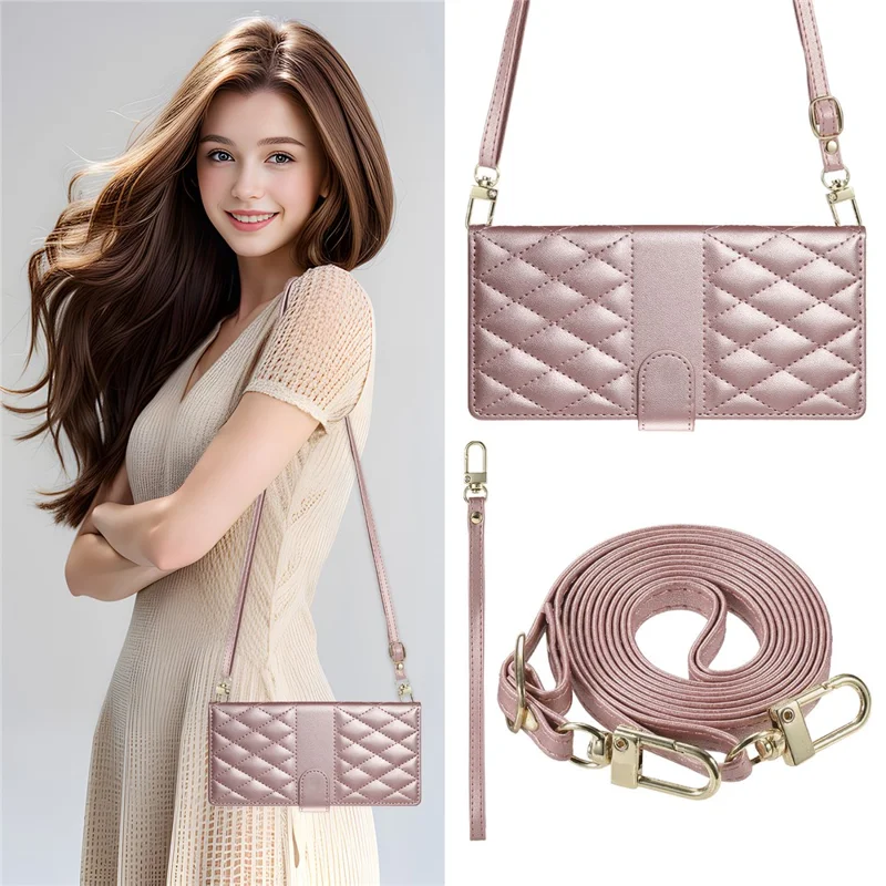For Samsung Galaxy A17 5G Case Rhombus Stitching Wallet Stand Leather Phone Cover with Long  /  Short Strap - Rose Gold