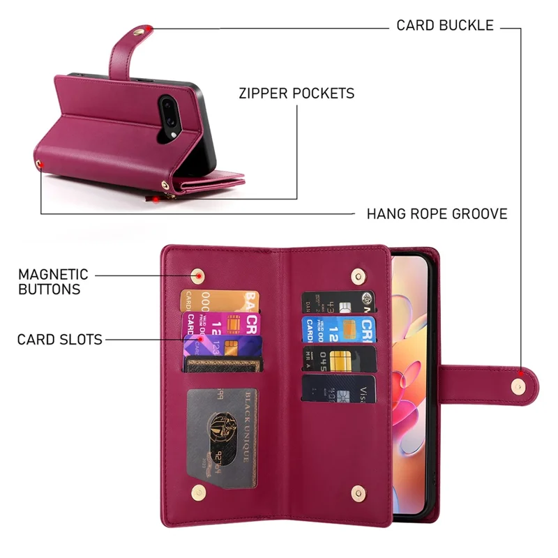 For Samsung Galaxy A17 5G Case Zipper Pocket Wallet Leather Phone Cover with Straps - Red
