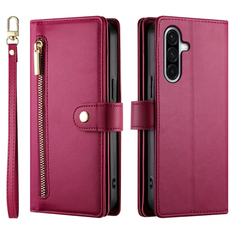 For Samsung Galaxy A17 5G Case Zipper Pocket Wallet Leather Phone Cover with Straps - Red