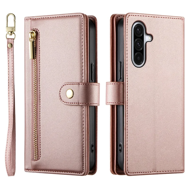 For Samsung Galaxy A17 5G / A17 4G / A26 5G Case Zipper Pocket Wallet Leather Phone Cover with Straps - Pink