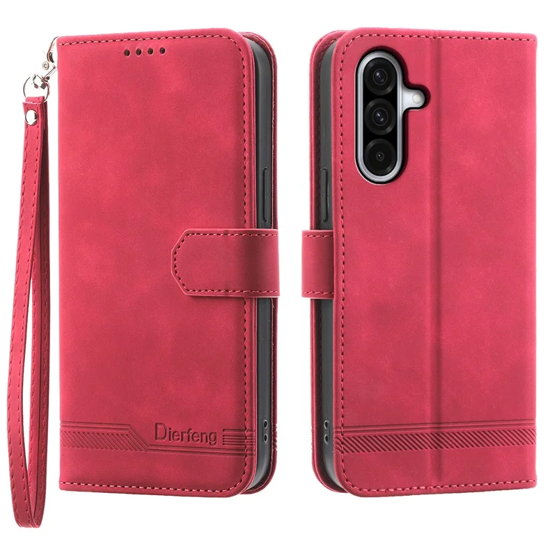 DIERFENG DF-03 For Samsung Galaxy A17 5G / A17 4G / A26 5G Case Lines Imprint Wallet Leather Phone Cover with Wrist Strap - Red