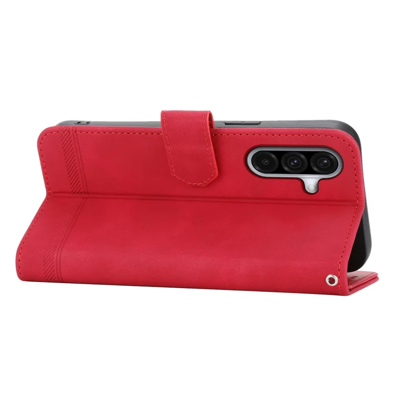 DIERFENG DF-03 For Samsung Galaxy A17 5G / A17 4G / A26 5G Case Lines Imprint Wallet Leather Phone Cover with Wrist Strap - Red