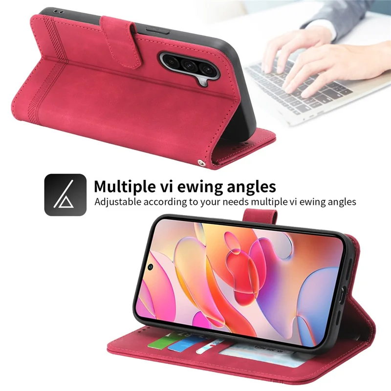 DIERFENG DF-03 For Samsung Galaxy A17 5G / A17 4G / A26 5G Case Lines Imprint Wallet Leather Phone Cover with Wrist Strap - Red