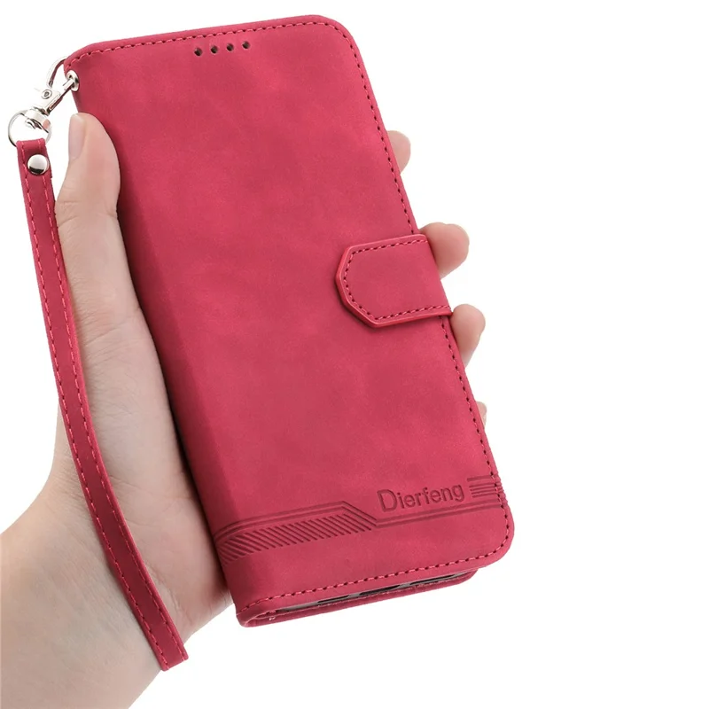 DIERFENG DF-03 For Samsung Galaxy A17 5G / A17 4G / A26 5G Case Lines Imprint Wallet Leather Phone Cover with Wrist Strap - Red
