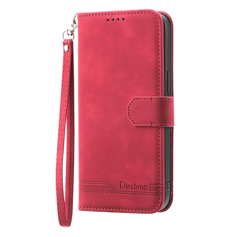 DIERFENG DF-03 For Samsung Galaxy A17 5G / A17 4G / A26 5G Case Lines Imprint Wallet Leather Phone Cover with Wrist Strap - Red