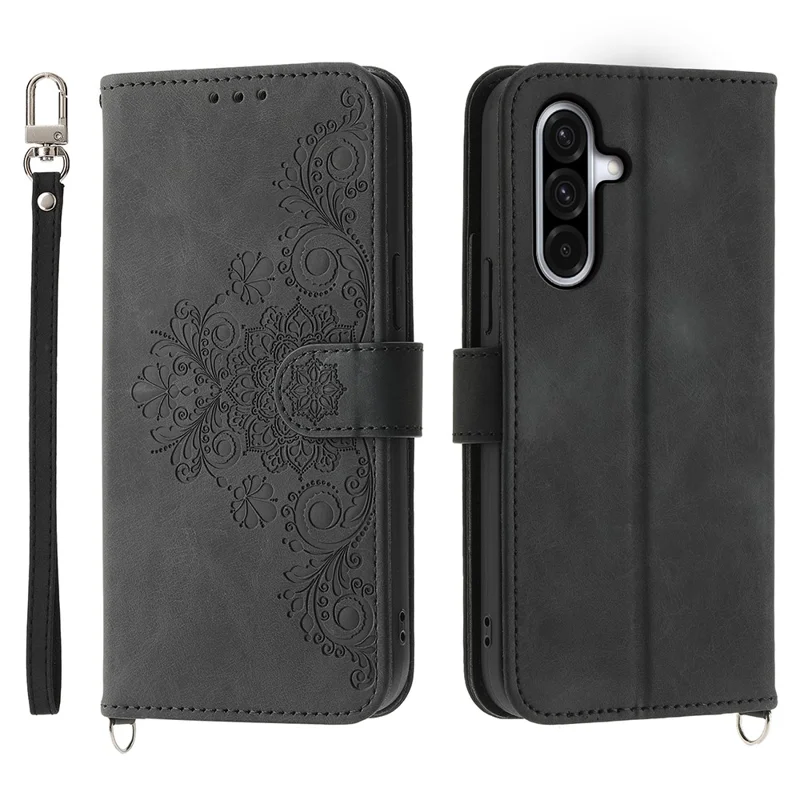 For Samsung Galaxy A17 5G Case Flower Pattern PU Leather Wallet Phone Cover with Strap - Black