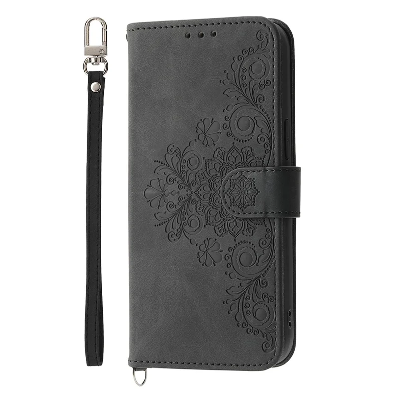 For Samsung Galaxy A17 5G Case Flower Pattern PU Leather Wallet Phone Cover with Strap - Black