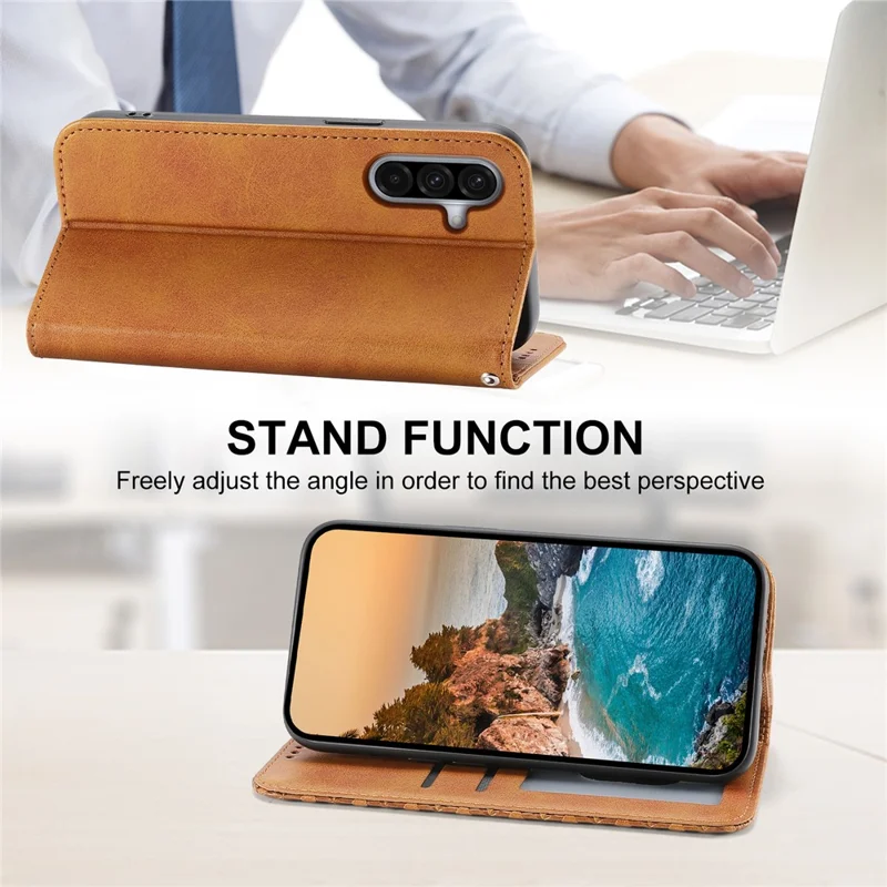 For Samsung Galaxy A17 5G / A17 4G / A26 5G Case Calf Texture PU Leather Wallet Phone Cover with Wrist Strap - Yellow