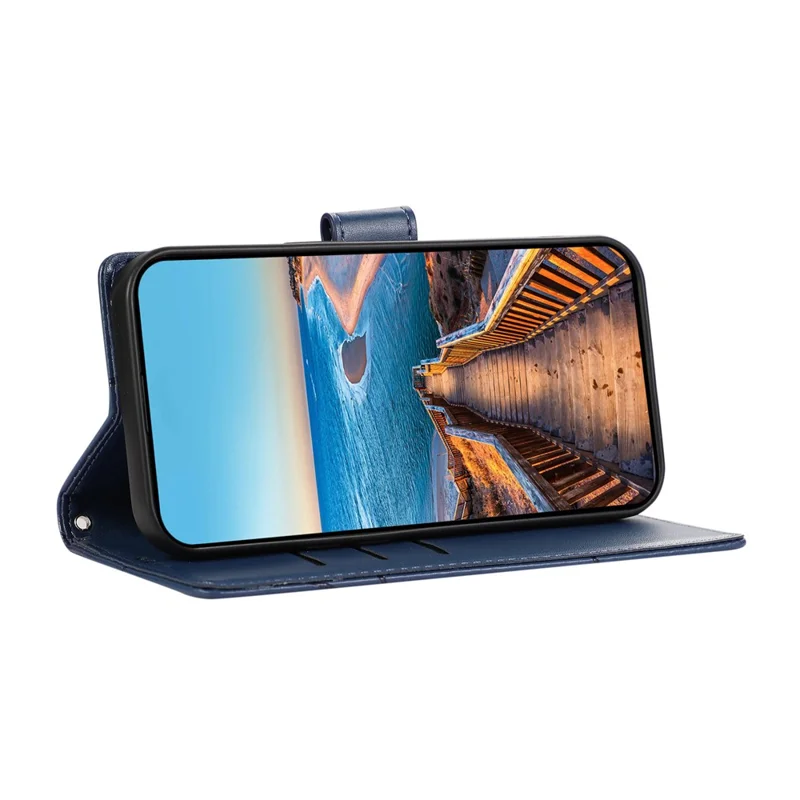 Funda tipo cartera de cuero con estampado de líneas para Samsung Galaxy A17 5G con correa de muñeca - Azul