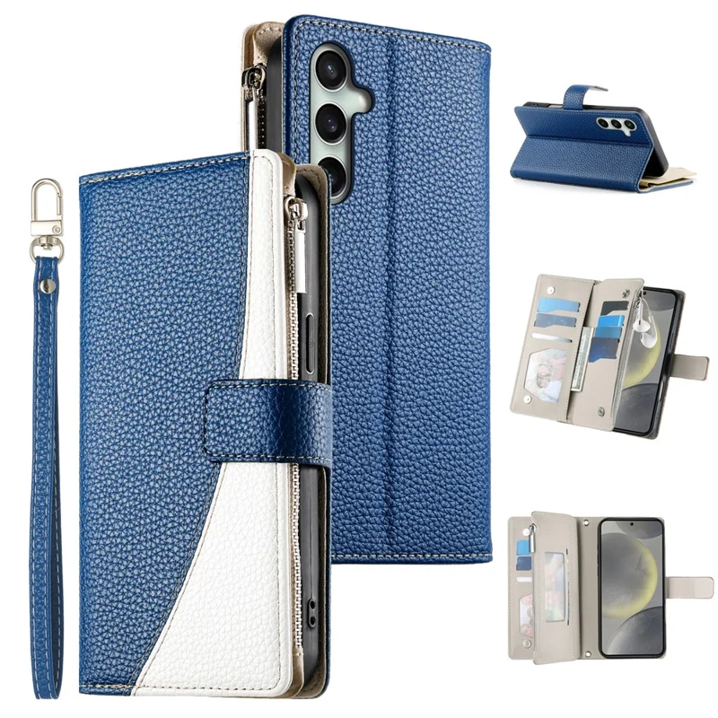 For Samsung Galaxy S25 FE Case Zipper Wallet Color Splicing Leather Flip Phone Cover with Straps - Dark Blue