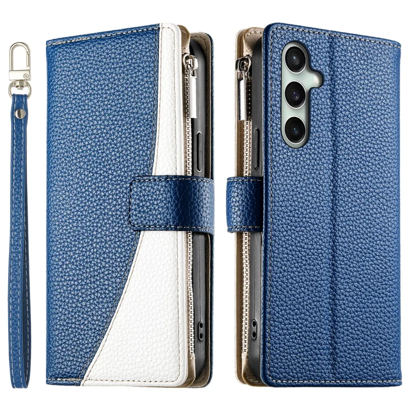 For Samsung Galaxy S25 FE Case Zipper Wallet Color Splicing Leather Flip Phone Cover with Straps - Dark Blue