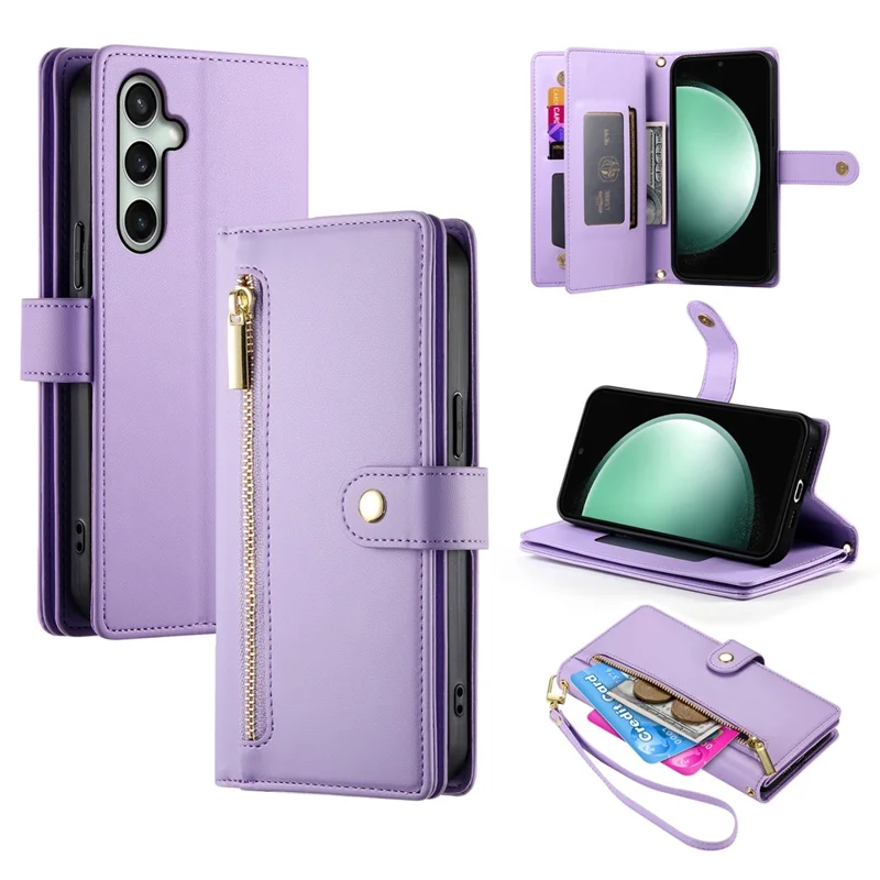 For Samsung Galaxy S25 FE Case Zipper Pocket Wallet Leather Phone Cover with Straps - Purple