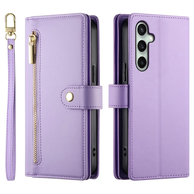 For Samsung Galaxy S25 FE Case Zipper Pocket Wallet Leather Phone Cover with Straps - Purple