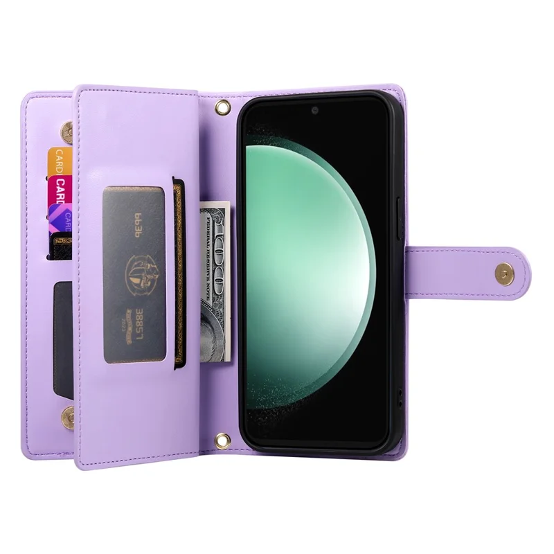 For Samsung Galaxy S25 FE Case Zipper Pocket Wallet Leather Phone Cover with Straps - Purple