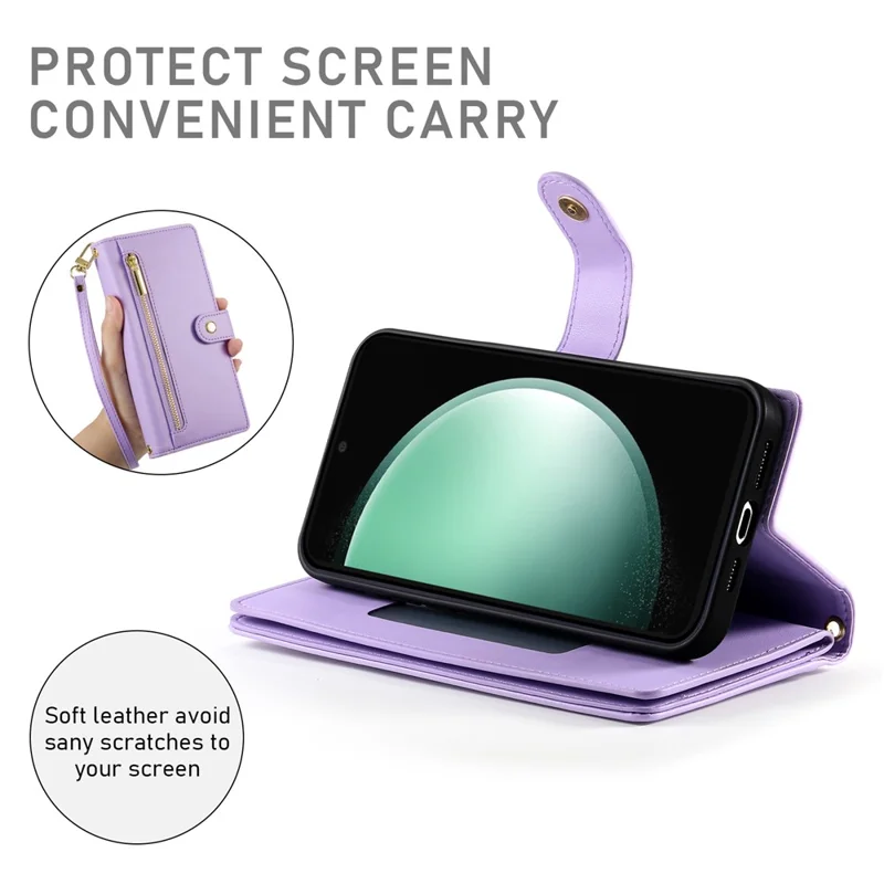For Samsung Galaxy S25 FE Case Zipper Pocket Wallet Leather Phone Cover with Straps - Purple