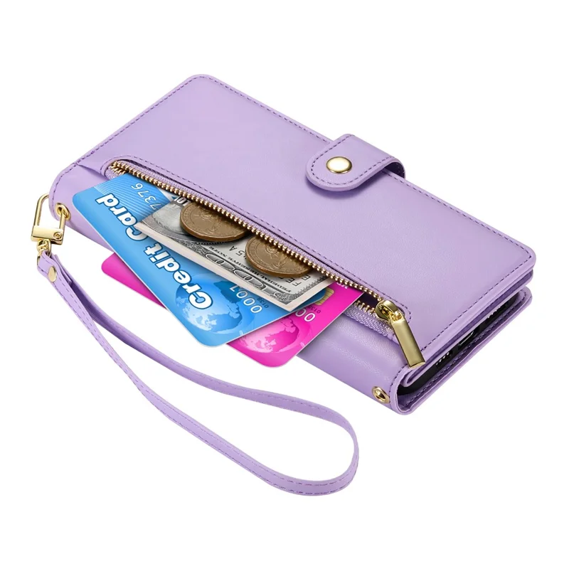 For Samsung Galaxy S25 FE Case Zipper Pocket Wallet Leather Phone Cover with Straps - Purple