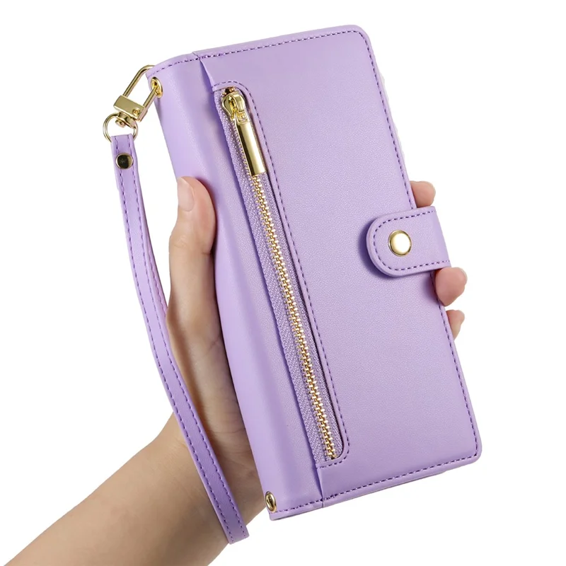For Samsung Galaxy S25 FE Case Zipper Pocket Wallet Leather Phone Cover with Straps - Purple