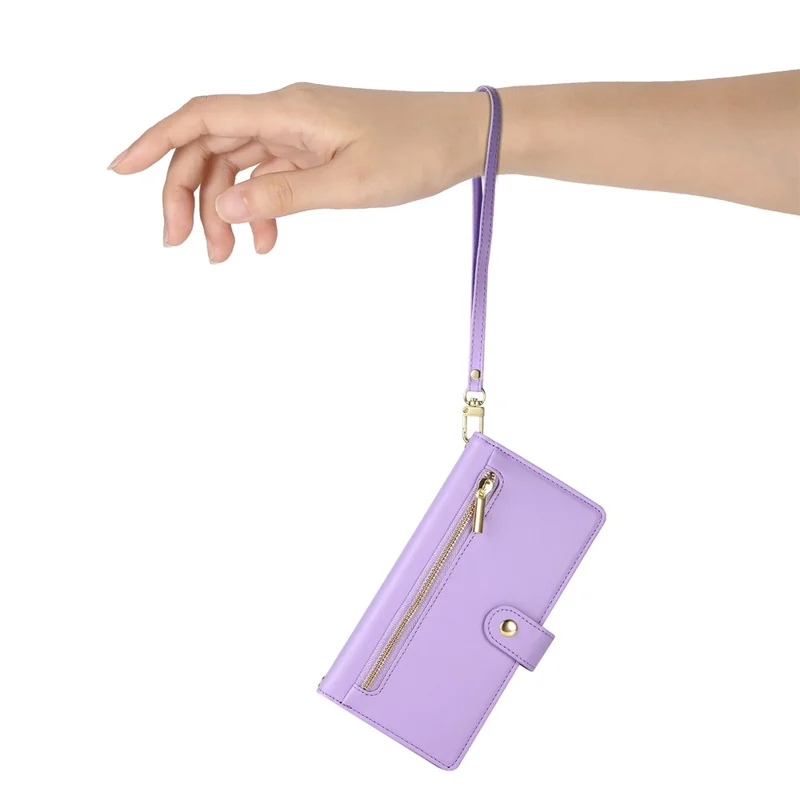 For Samsung Galaxy S25 FE Case Zipper Pocket Wallet Leather Phone Cover with Straps - Purple
