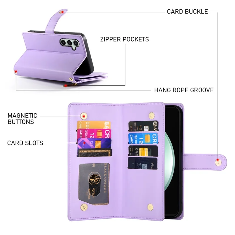 For Samsung Galaxy S25 FE Case Zipper Pocket Wallet Leather Phone Cover with Straps - Purple